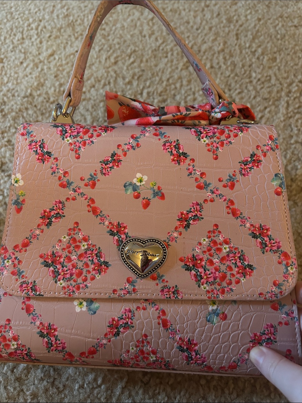 Betsy Johnson Pink Floral Heart-Emblem Top-Handle Bag
